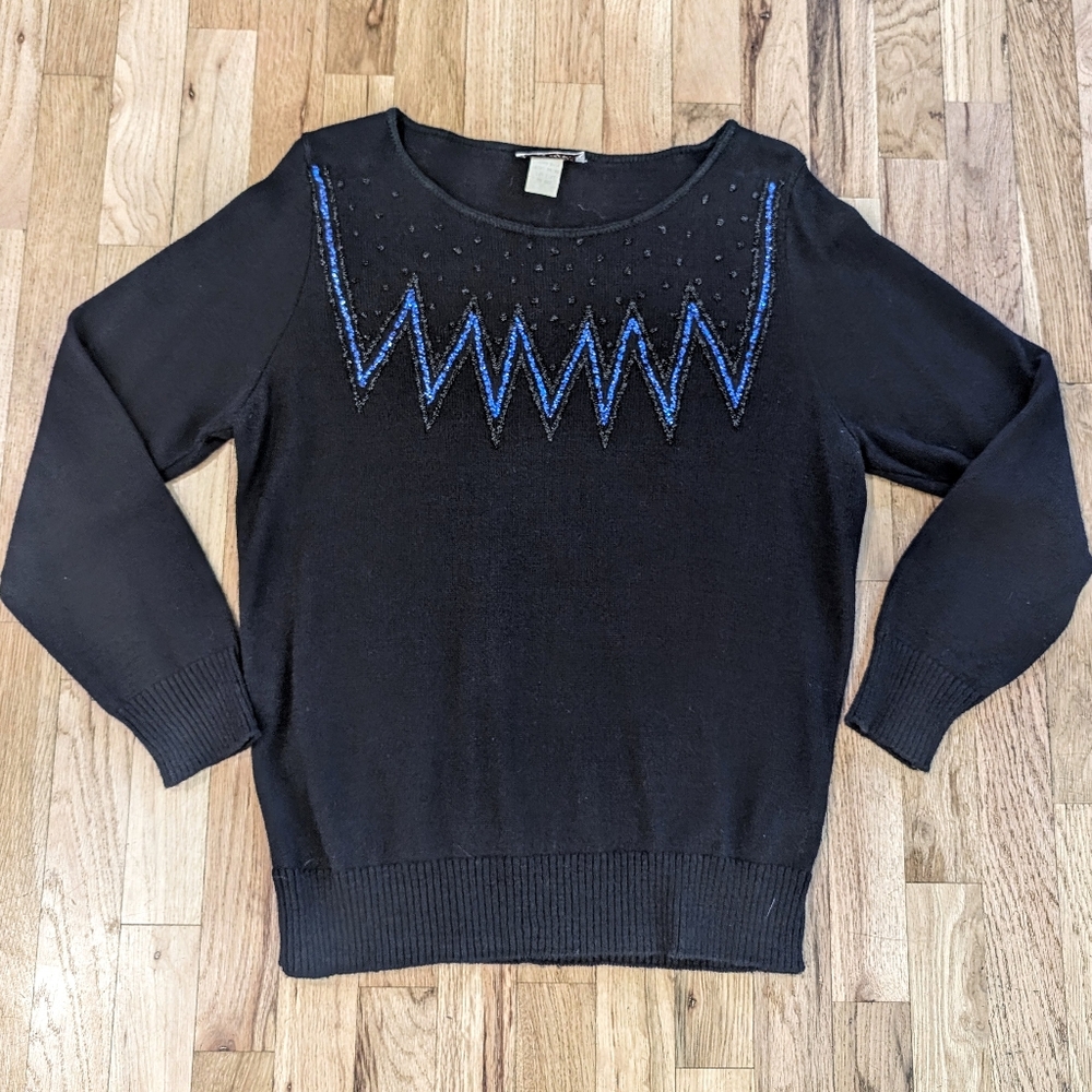 80s Raje' Sweater Vintage Women's M/L Black Blue Beading Embellished Retro Wool?